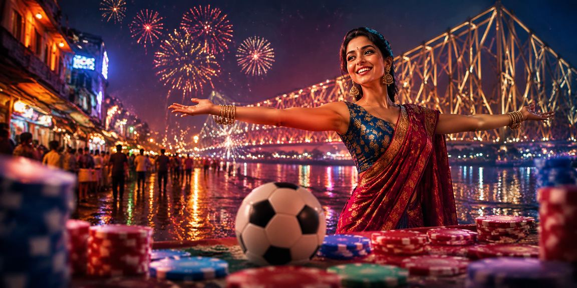 VIP entertainment and sports betting scene in Kolkata with Howrah Bridge neon lights