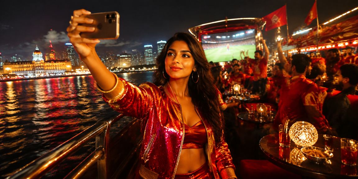 Mobile device shown with rummy gameplay, Mumbai city background